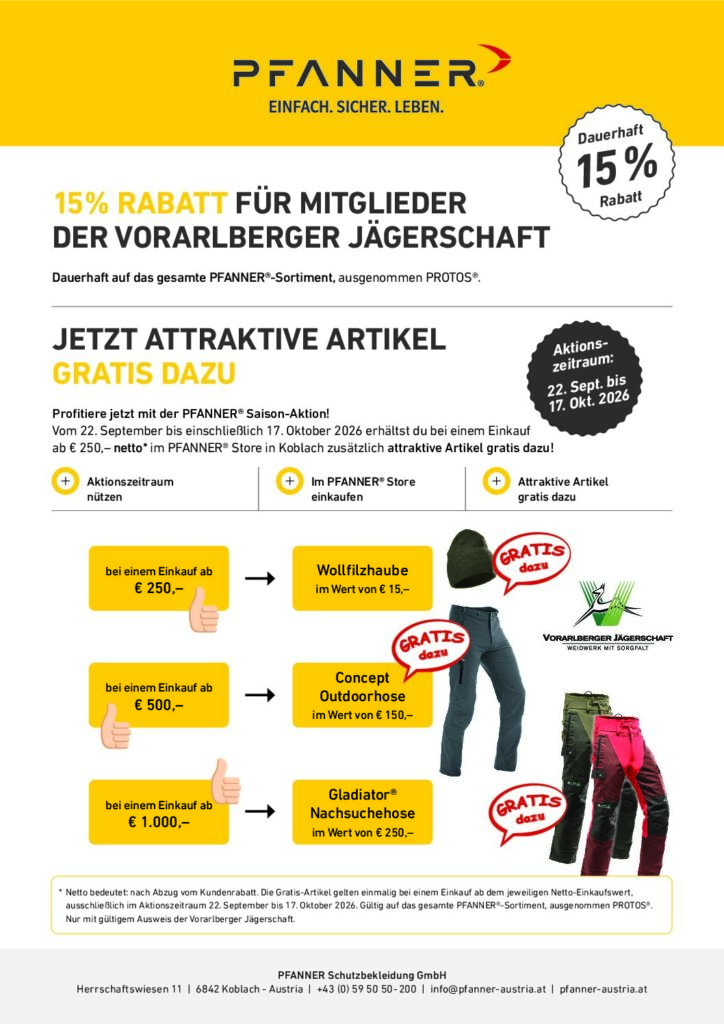 Aktionsflyer PFANNER – 15 % Rabatt für Mitglieder der Vorarlberger Jägerschaft