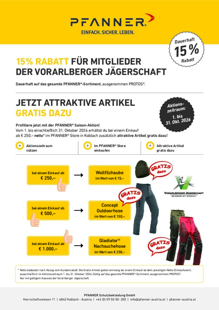 Aktionsflyer PFANNER – 15 % Rabatt für Mitglieder der Vorarlberger Jägerschaft