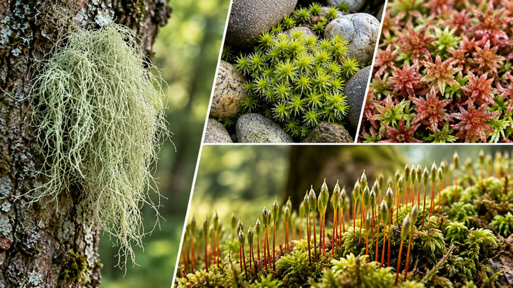 Bartflechte am Baumstamm und verschiedene Moose