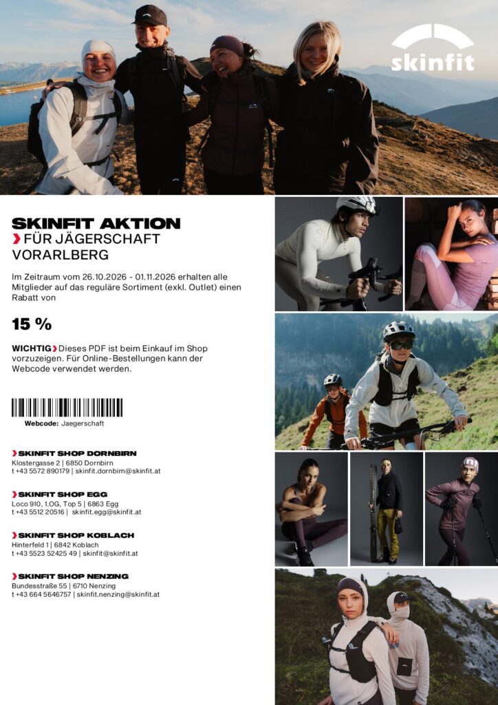 Aktionsflyer Skinfit – 15 % Rabatt für Mitglieder der Vorarlberger Jägerschaft